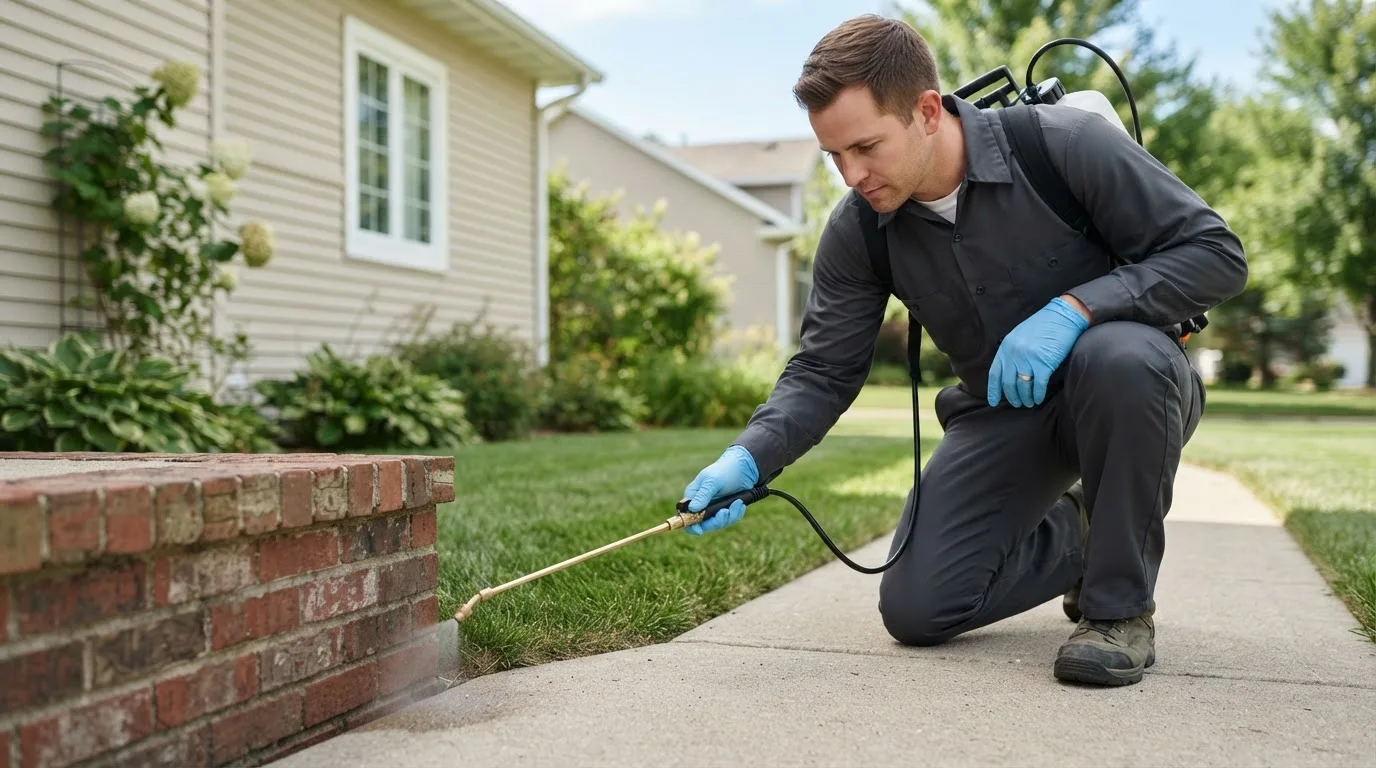 Pest control technician treating a home near Van Vleck, TX